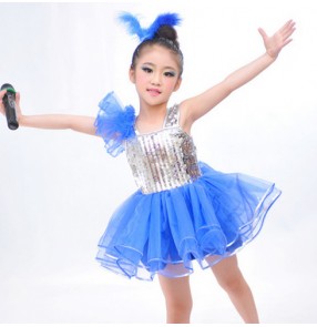 Royal blue silver sequined patchwork girls kids child children toddlers school play t show modern dance jazz dance costume  dresses
